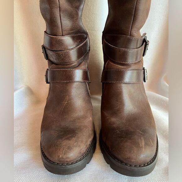 UGG Lana Brown Leather & Shearling Biker Boot, knee high, zipper & buckle size 7 - Picture 4 of 13